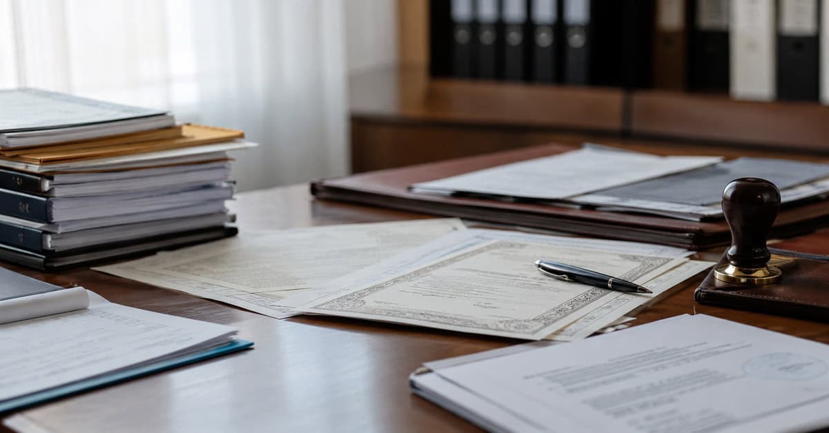 Escritorio de una notaría con documentos legales, certificados del Registro Civil, sello notarial y expedientes organizados.