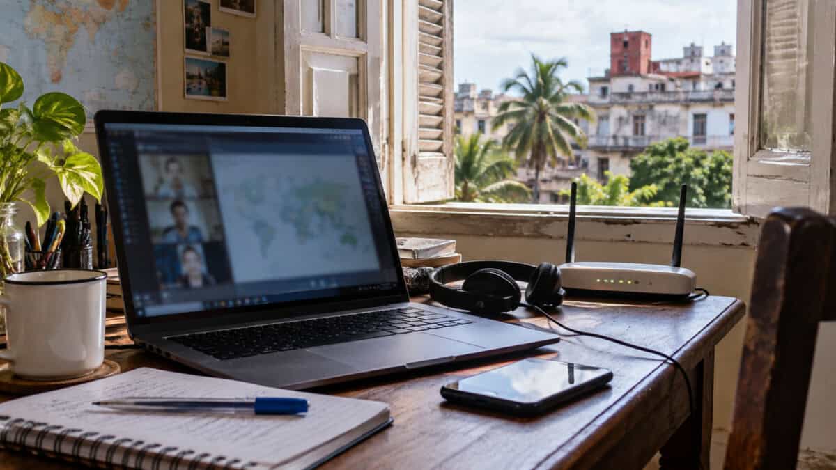 Espacio de trabajo remoto en una vivienda cubana con computadora portátil, auriculares y conexión a internet.