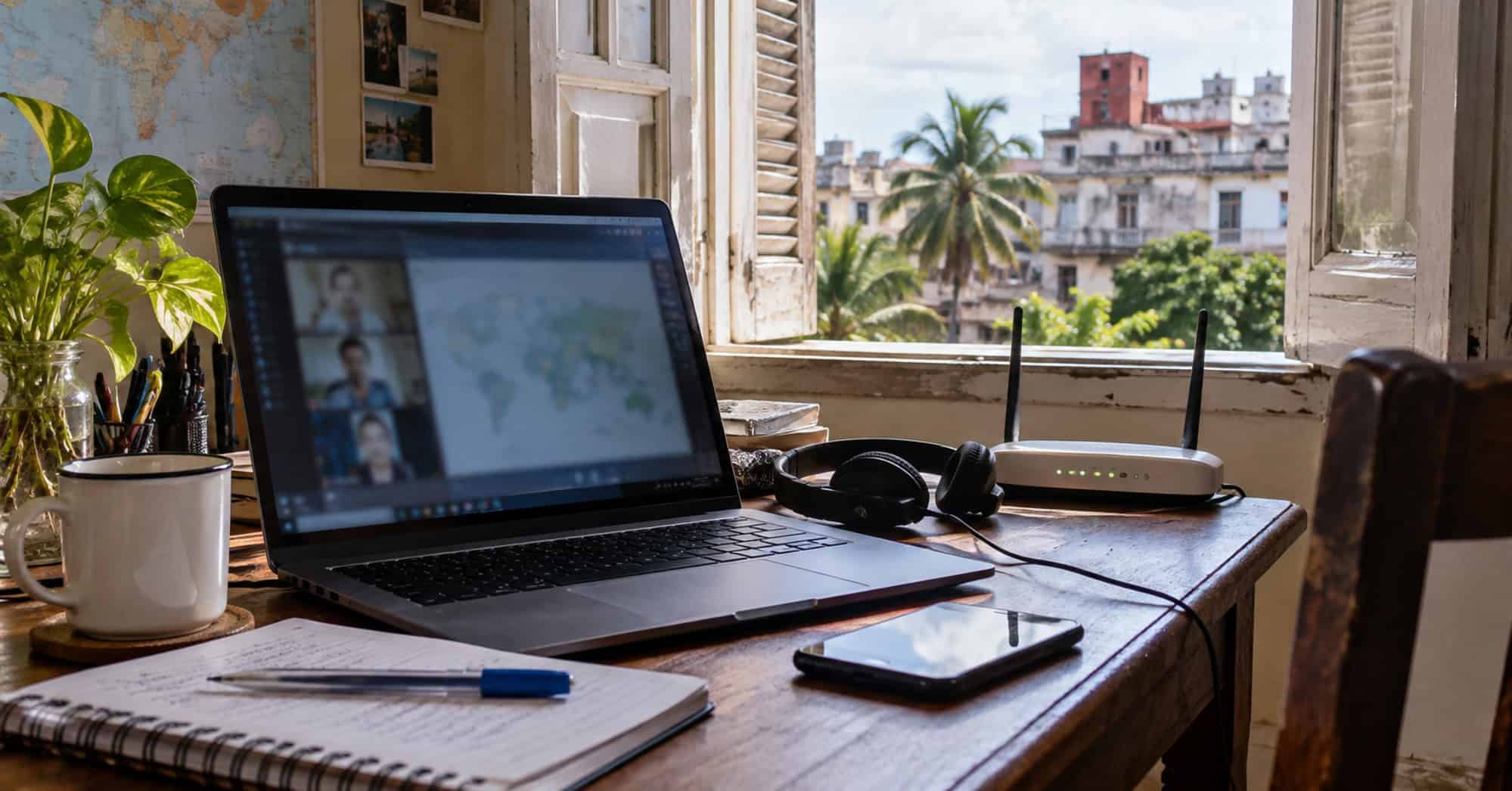 Espacio de trabajo remoto en una vivienda cubana con computadora portátil, auriculares y conexión a internet.