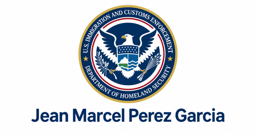 Composición gráfica con un emblema de ICE y el nombre Jean Marcel Perez Garcia debajo.