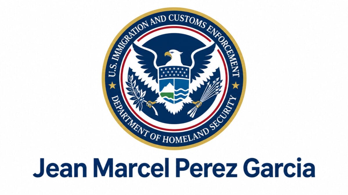 Composición gráfica con un emblema de ICE y el nombre Jean Marcel Perez Garcia debajo.