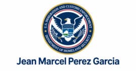Composición gráfica con un emblema de ICE y el nombre Jean Marcel Perez Garcia debajo.