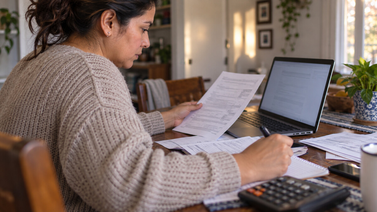 Persona adulta latina revisa documentos tributarios y financieros junto a una computadora portátil y una calculadora en su vivienda en Estados Unidos.