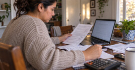 Persona adulta latina revisa documentos tributarios y financieros junto a una computadora portátil y una calculadora en su vivienda en Estados Unidos.