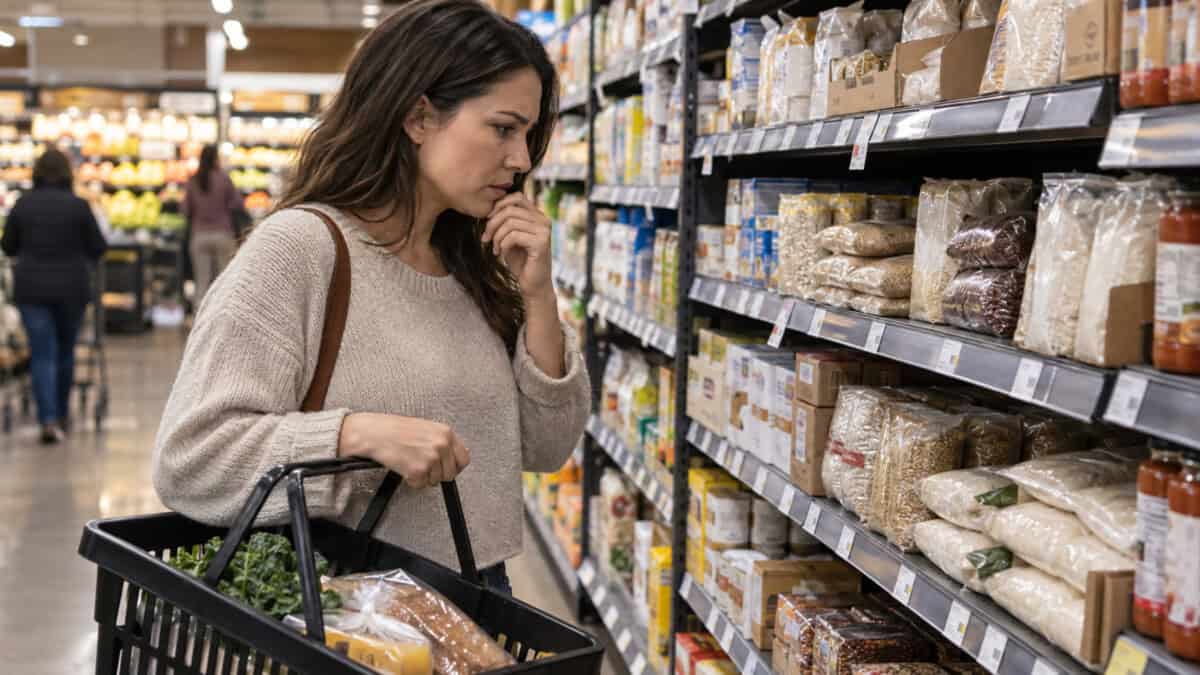 Mujer observa los precios de alimentos en un supermercado estadounidense mientras sostiene una cesta de compras.
