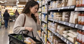 Mujer observa los precios de alimentos en un supermercado estadounidense mientras sostiene una cesta de compras.
