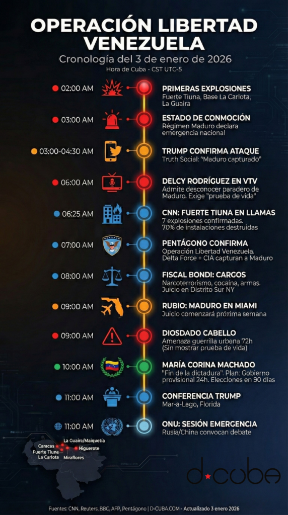 Infografía con la cronología de la Operación Libertad Venezuela del 3 de enero de 2026, mostrando los eventos desde las 2:00 AM hasta las 11:00 AM hora de Cuba
