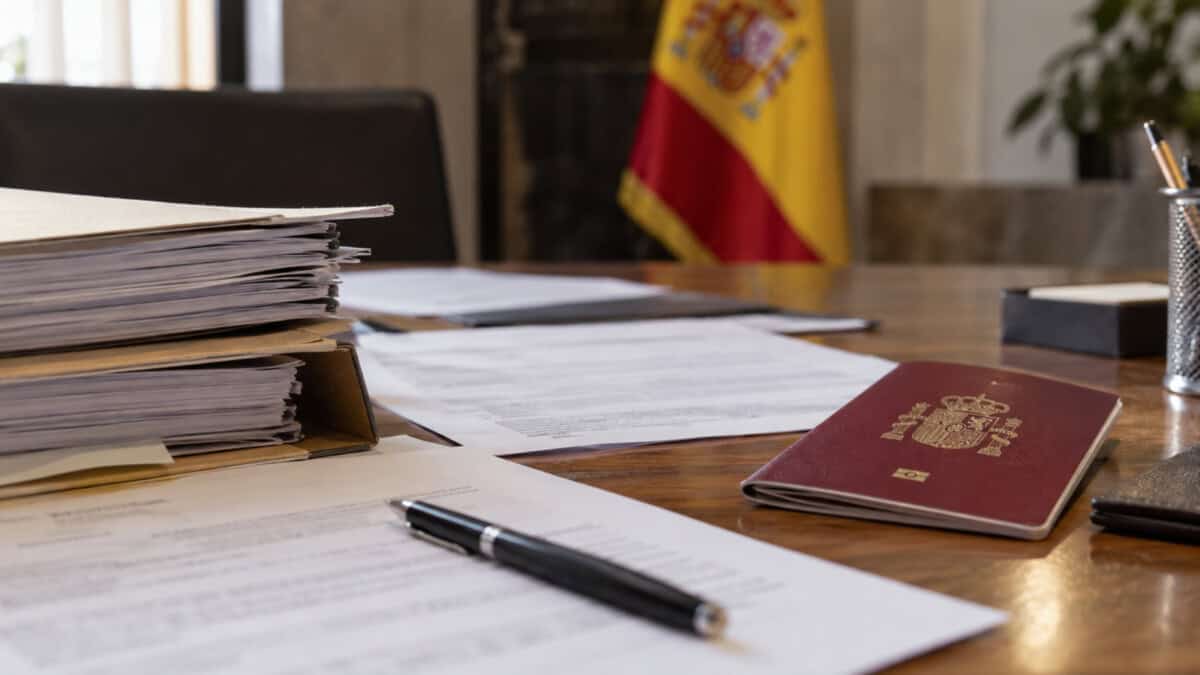 Pasaporte español y expedientes administrativos sobre una mesa de trabajo relacionados con trámites de nacionalidad española.
