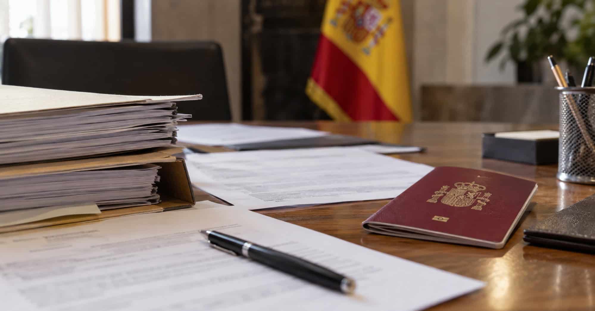 Pasaporte español y expedientes administrativos sobre una mesa de trabajo relacionados con trámites de nacionalidad española.