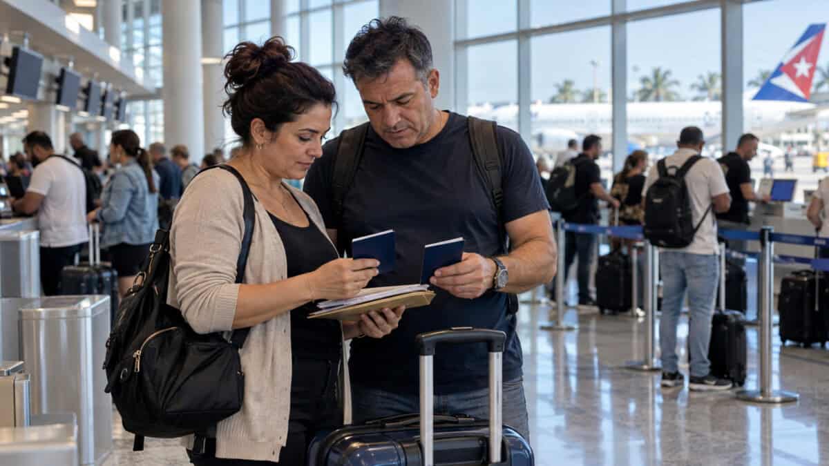 Pareja de viajeros cubanos con pasaportes, documentos y una maleta en el interior de un aeropuerto.