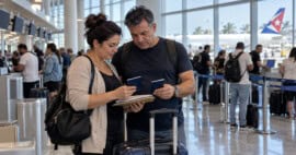 Pareja de viajeros cubanos con pasaportes, documentos y una maleta en el interior de un aeropuerto.