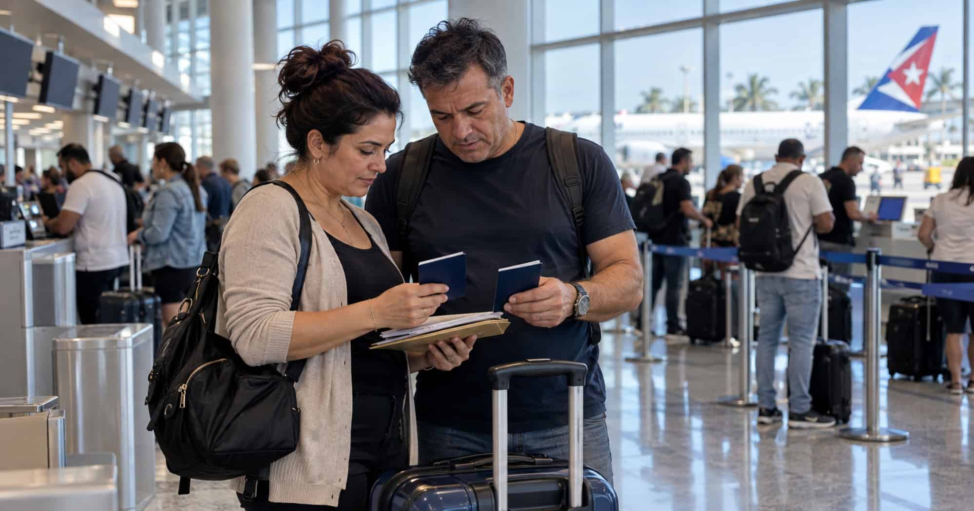 Pareja de viajeros cubanos con pasaportes, documentos y una maleta en el interior de un aeropuerto.