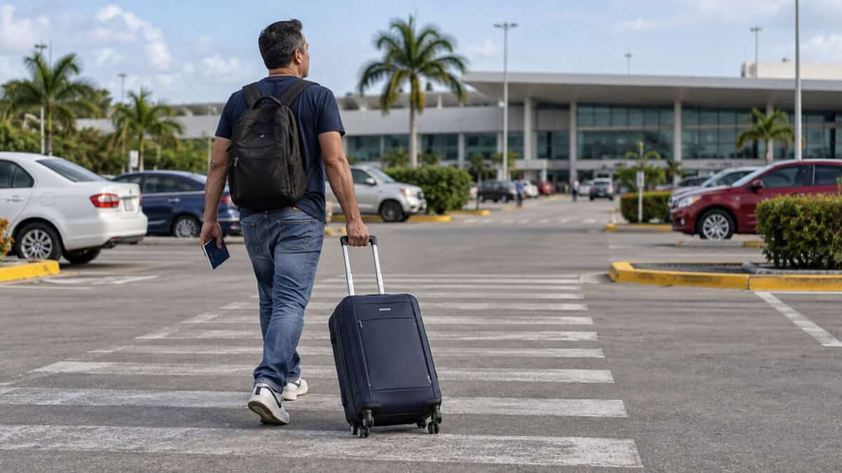 Viajero de espaldas con maleta y pasaporte en un parqueo, con la terminal aeroportuaria desenfocada al fondo.