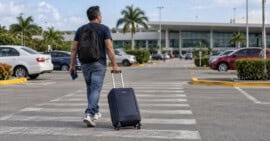 Viajero de espaldas con maleta y pasaporte en un parqueo, con la terminal aeroportuaria desenfocada al fondo.