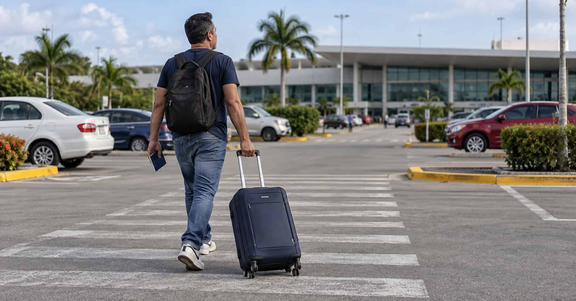 Viajero de espaldas con maleta y pasaporte en un parqueo, con la terminal aeroportuaria desenfocada al fondo.