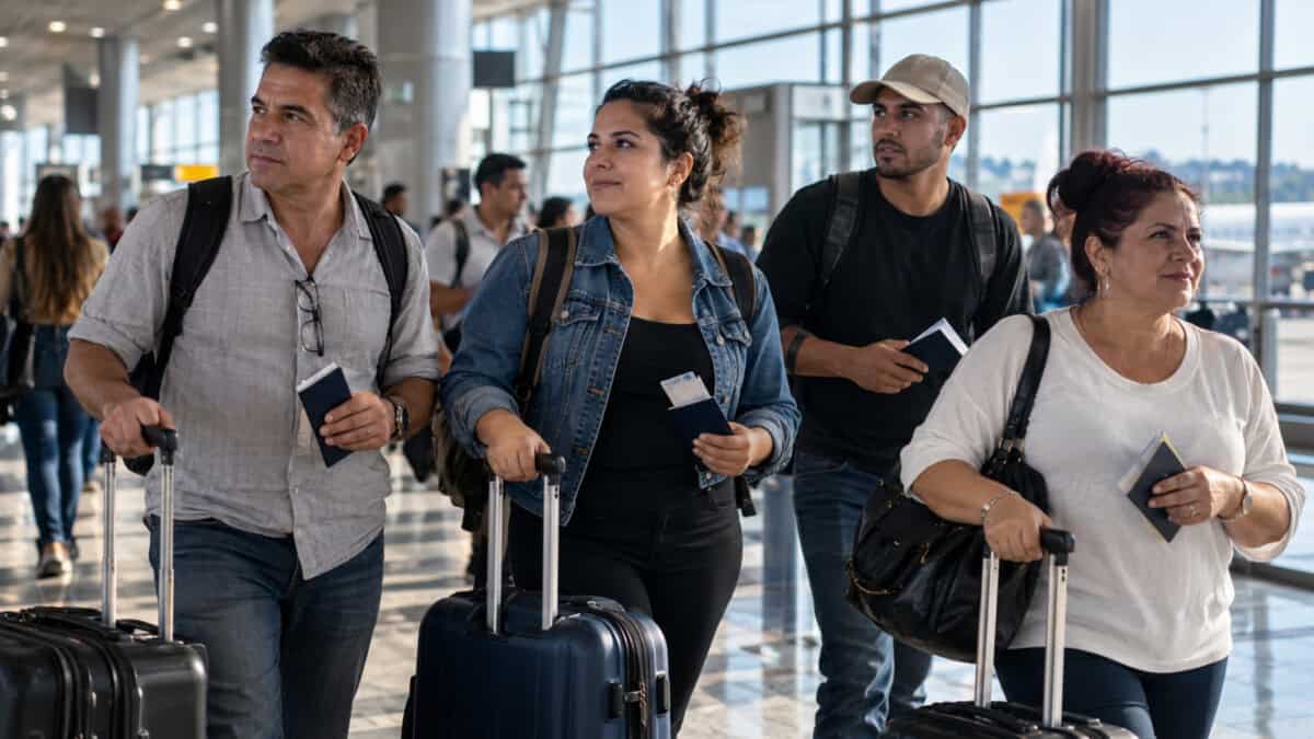 Grupo de viajeros cubanos con maletas y documentos en una terminal de aeropuerto.