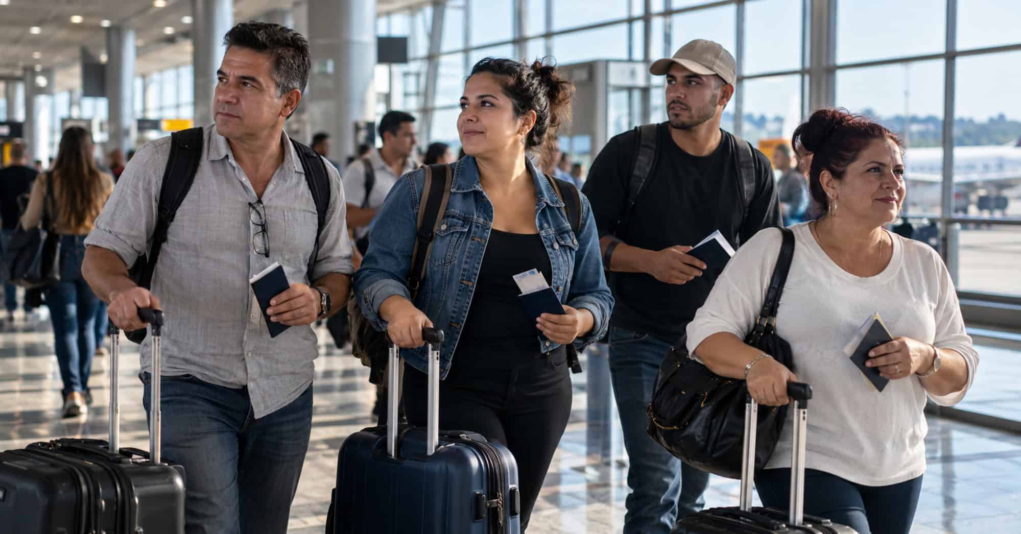 Grupo de viajeros cubanos con maletas y documentos en una terminal de aeropuerto.