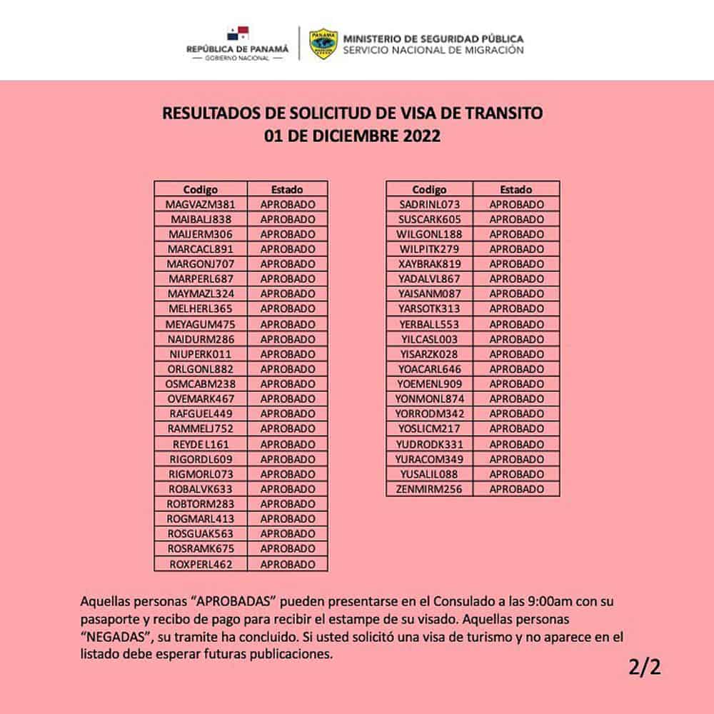 listado resultados visa de transito panama 1 diciembre