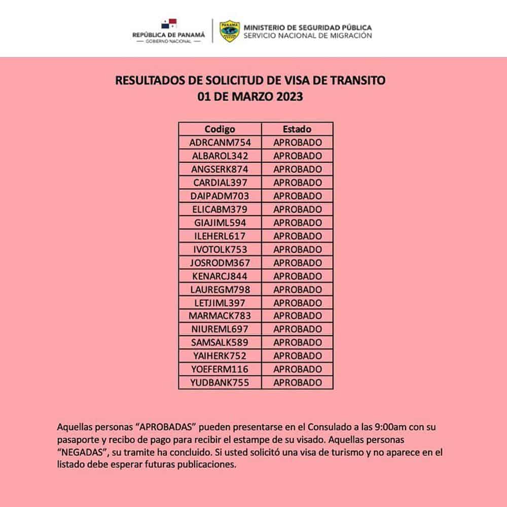 listado resultados visa de transito panama 1 marzo 2023