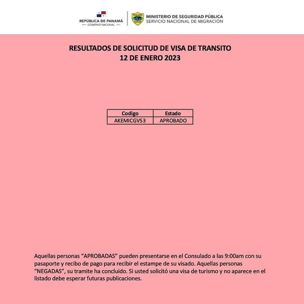 listado resultados visa de transito panama 12 enero 2023