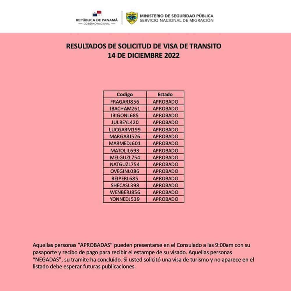 listado resultados visa de transito panama 14 diciembre