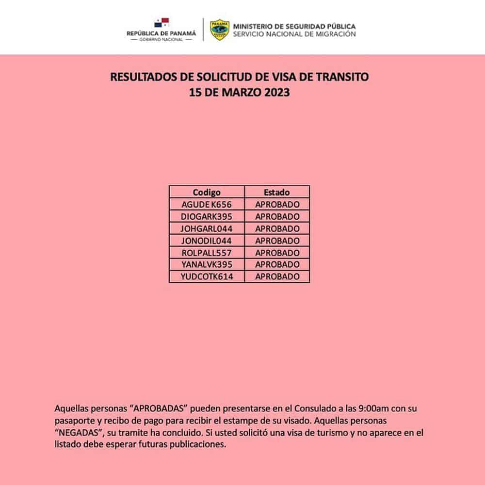 listado resultados visa de transito panama 15 marzo 2023