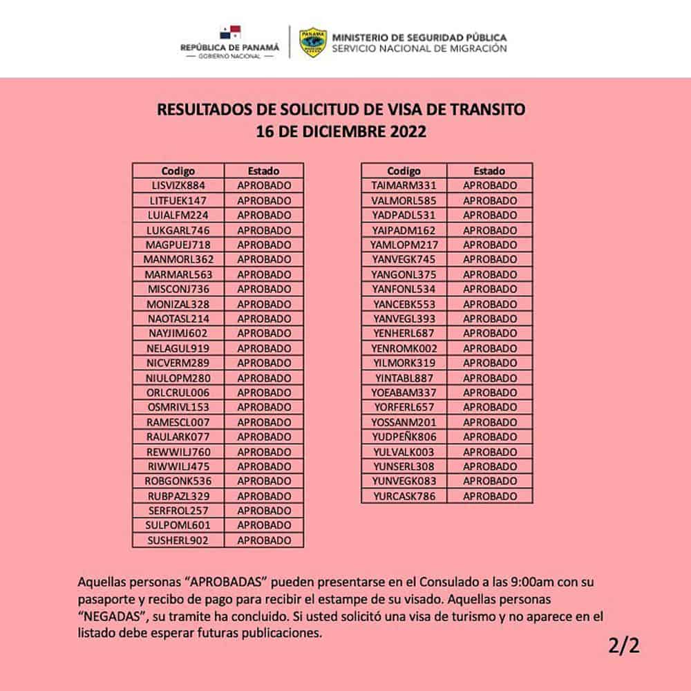 listado resultados visa de transito panama 16 diciembre