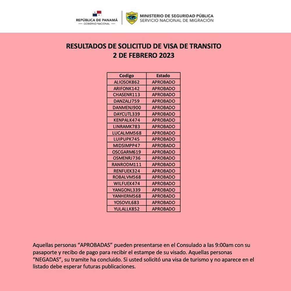 listado resultados visa de transito panama 2 febrero 2023