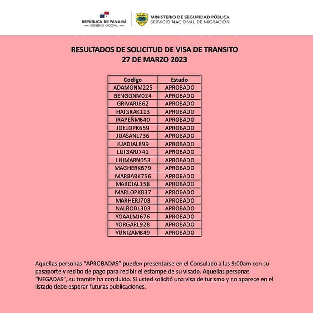 listado resultados visa de transito panama 15 marzo 2023