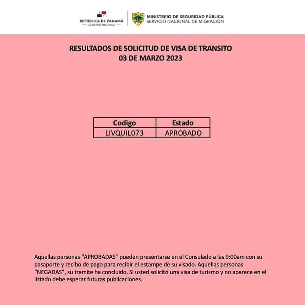 listado resultados visa de transito panama 3 marzo 2023