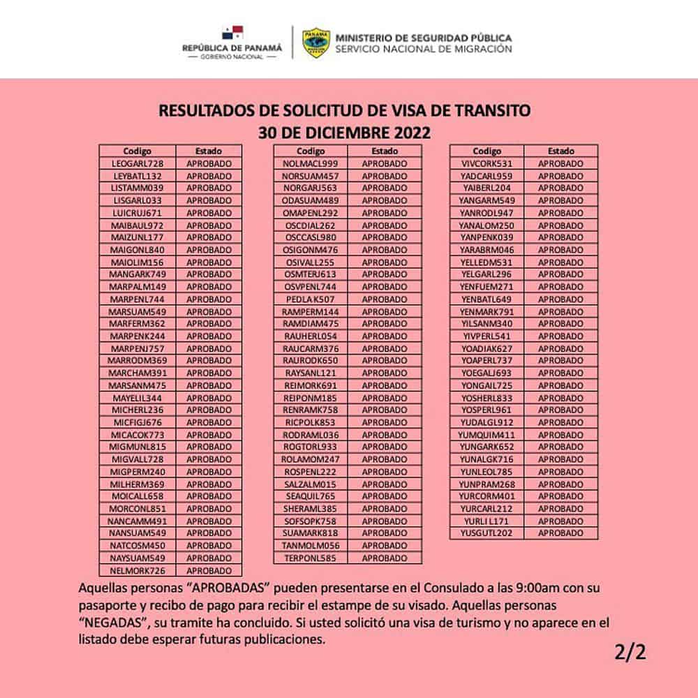 listado resultados visa de transito panama 30 diciembre