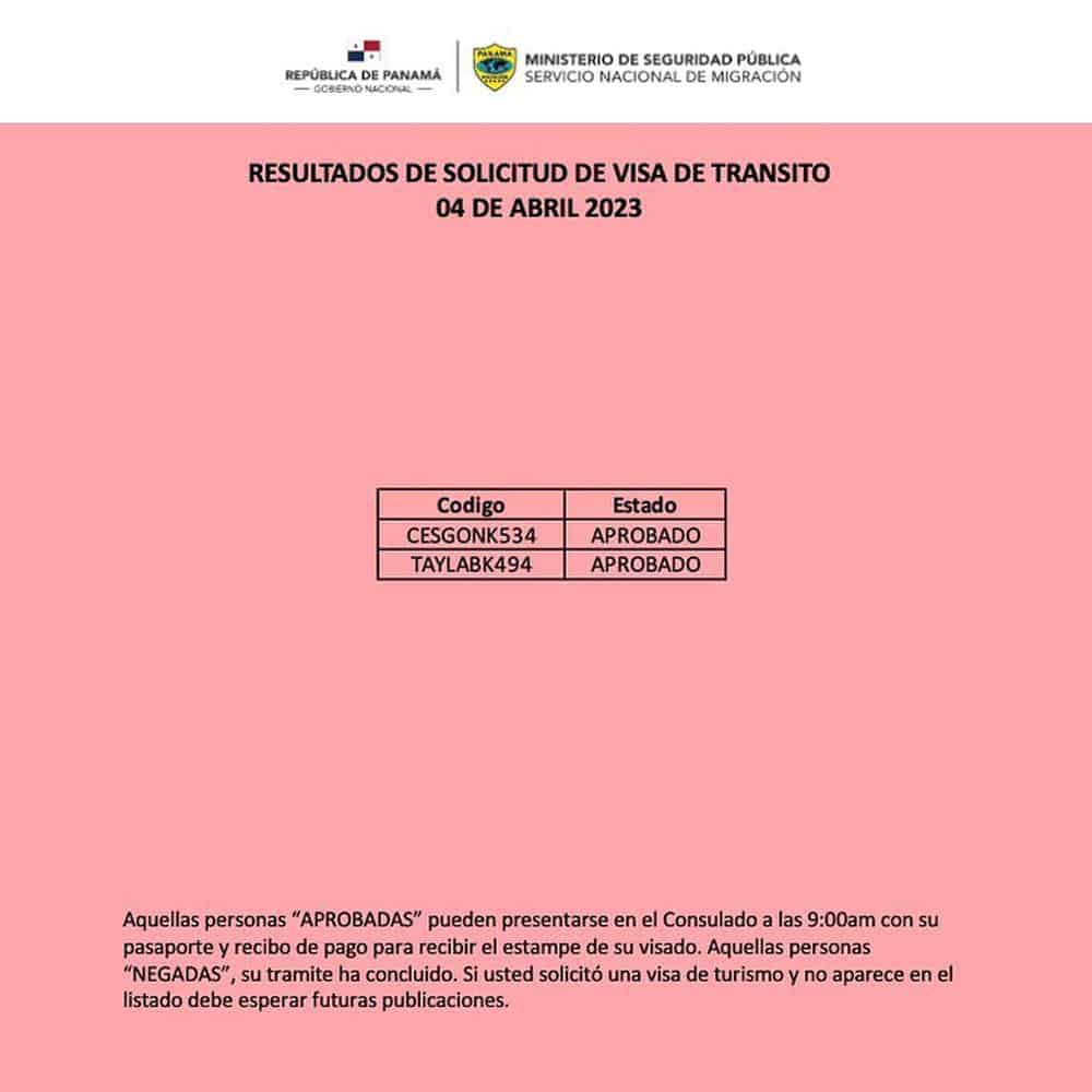 listado resultados visa de transito panama 4 abril 2023