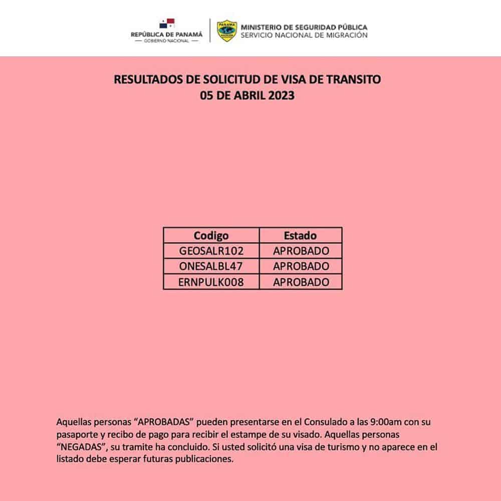 listado resultados visa de transito panama 5 abril 2023