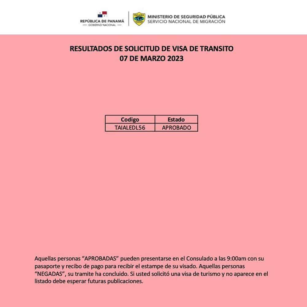 listado resultados visa de transito panama 7 marzo 2023