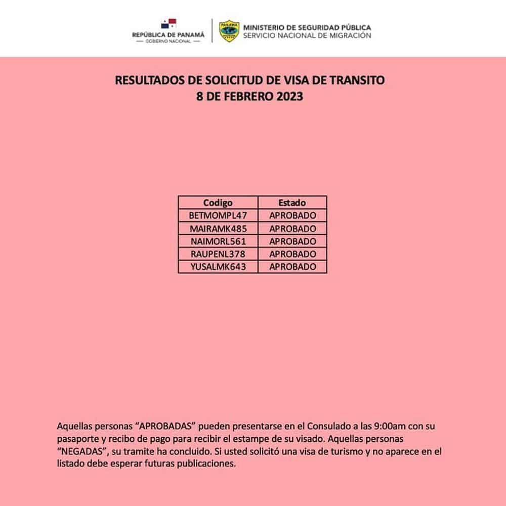 listado resultados visa de transito panama 8 febrero 2023