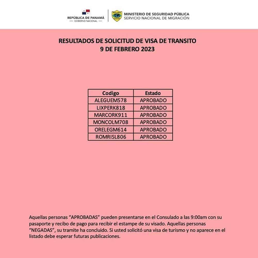 listado resultados visa de transito panama 9 febrero 2023