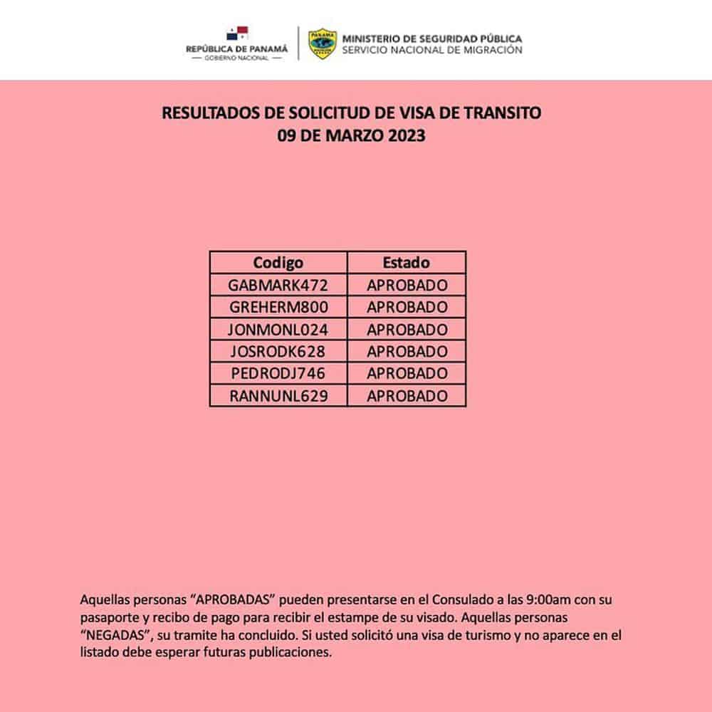 listado resultados visa de transito panama 9 marzo 2023