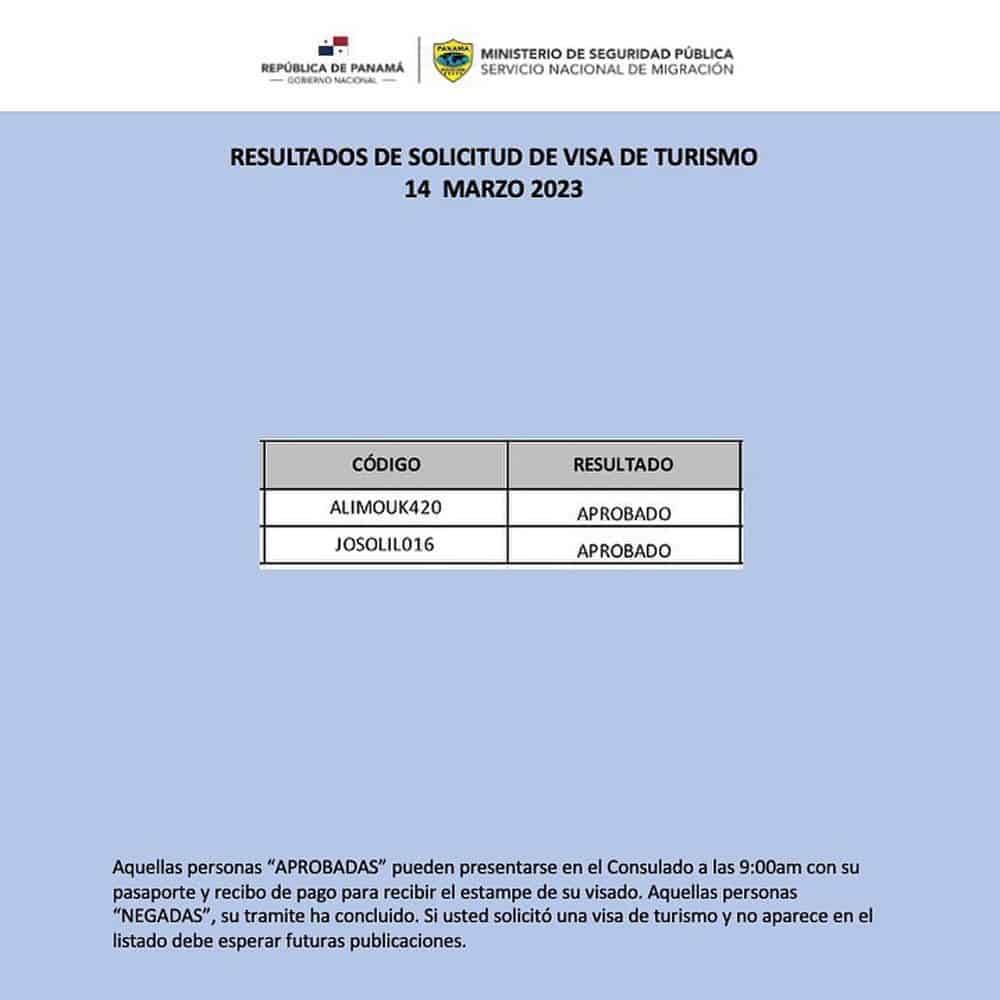 listado resultados visa de turismo panama 14 marzo 2023