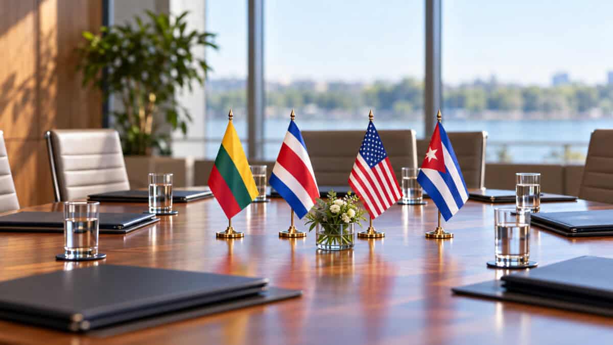 Banderas de Lituania, Costa Rica, Estados Unidos y Cuba sobre una mesa de reuniones vacía.