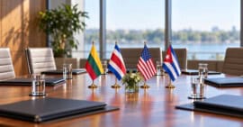 Banderas de Lituania, Costa Rica, Estados Unidos y Cuba sobre una mesa de reuniones vacía.