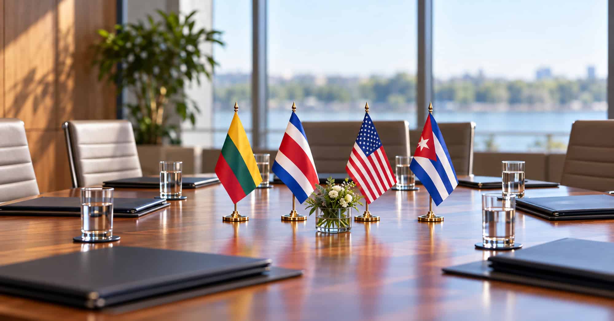Banderas de Lituania, Costa Rica, Estados Unidos y Cuba sobre una mesa de reuniones vacía.