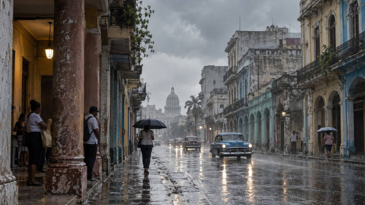 Personas se resguardan de la lluvia en una calle cubana con el pavimento mojado.