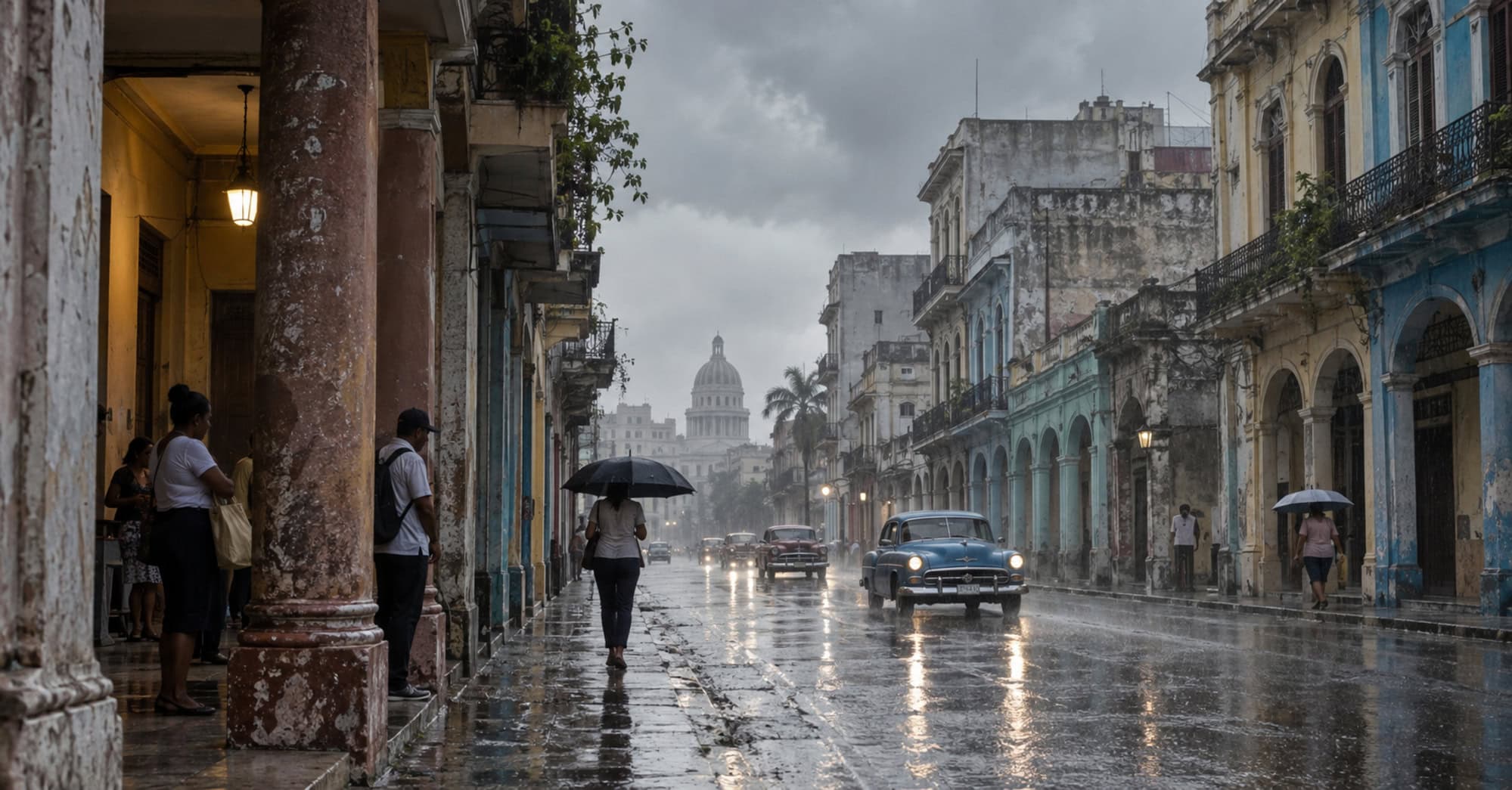 Personas se resguardan de la lluvia en una calle cubana con el pavimento mojado.