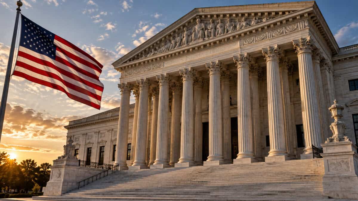 Edificio judicial de estilo neoclásico con grandes columnas, escalinatas y una bandera estadounidense en primer plano.