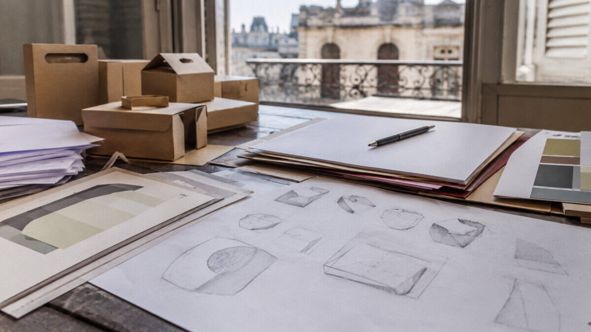 Documentos, bocetos de identidad visual y embalajes sobre una mesa de trabajo en un entorno habanero.