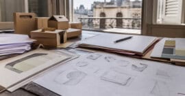 Documentos, bocetos de identidad visual y embalajes sobre una mesa de trabajo en un entorno habanero.