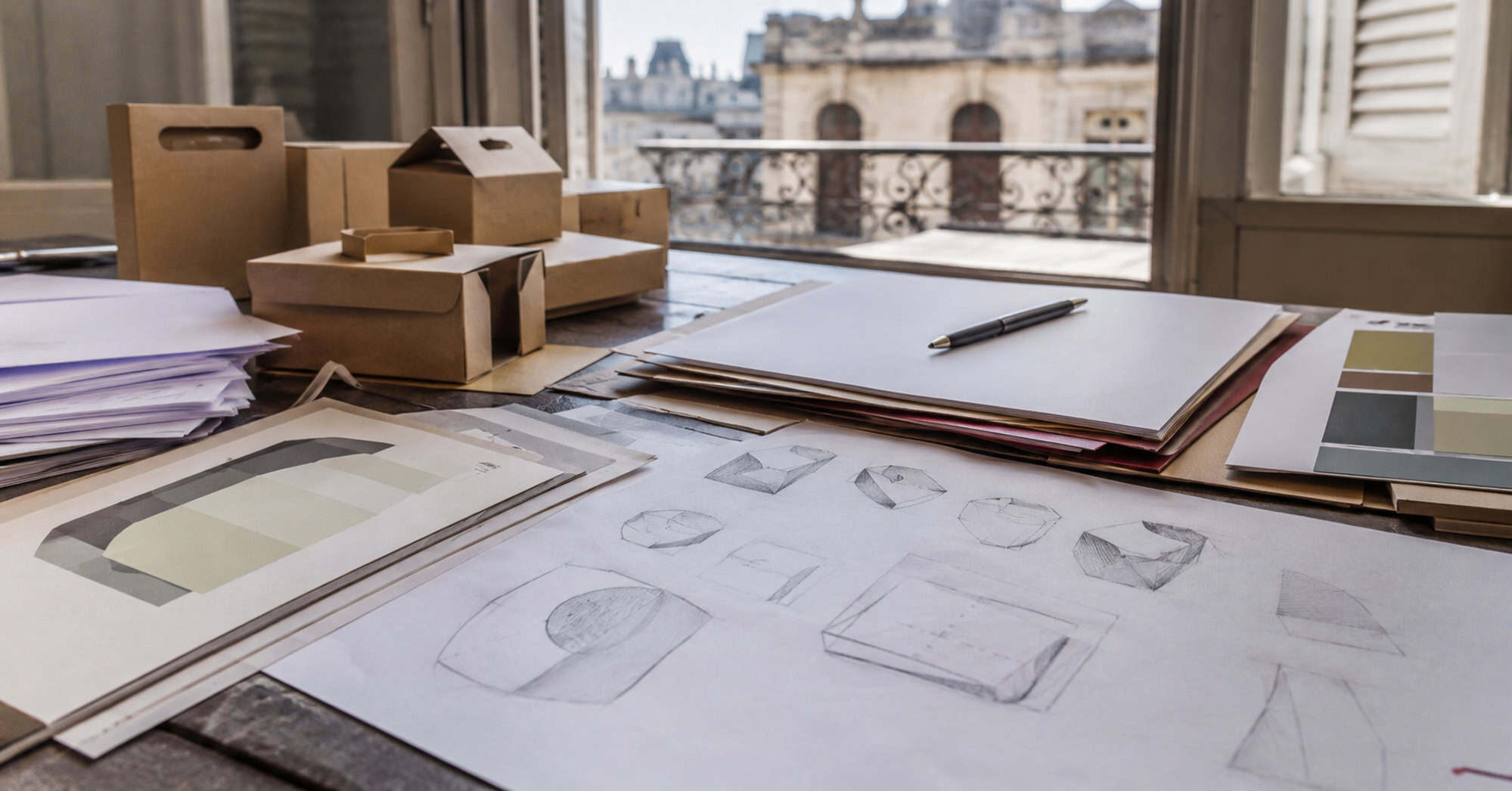 Documentos, bocetos de identidad visual y embalajes sobre una mesa de trabajo en un entorno habanero.