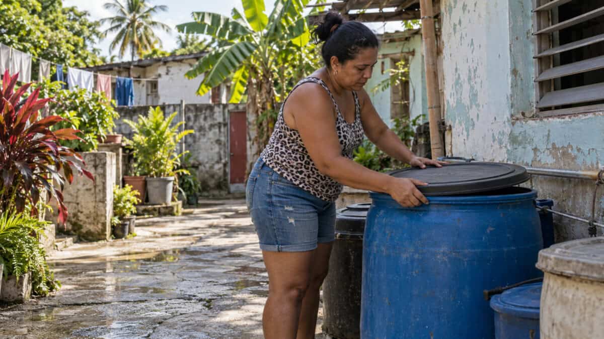 Mujer tapa un tanque de almacenamiento de agua en un patio cubano para prevenir criaderos de mosquitos.