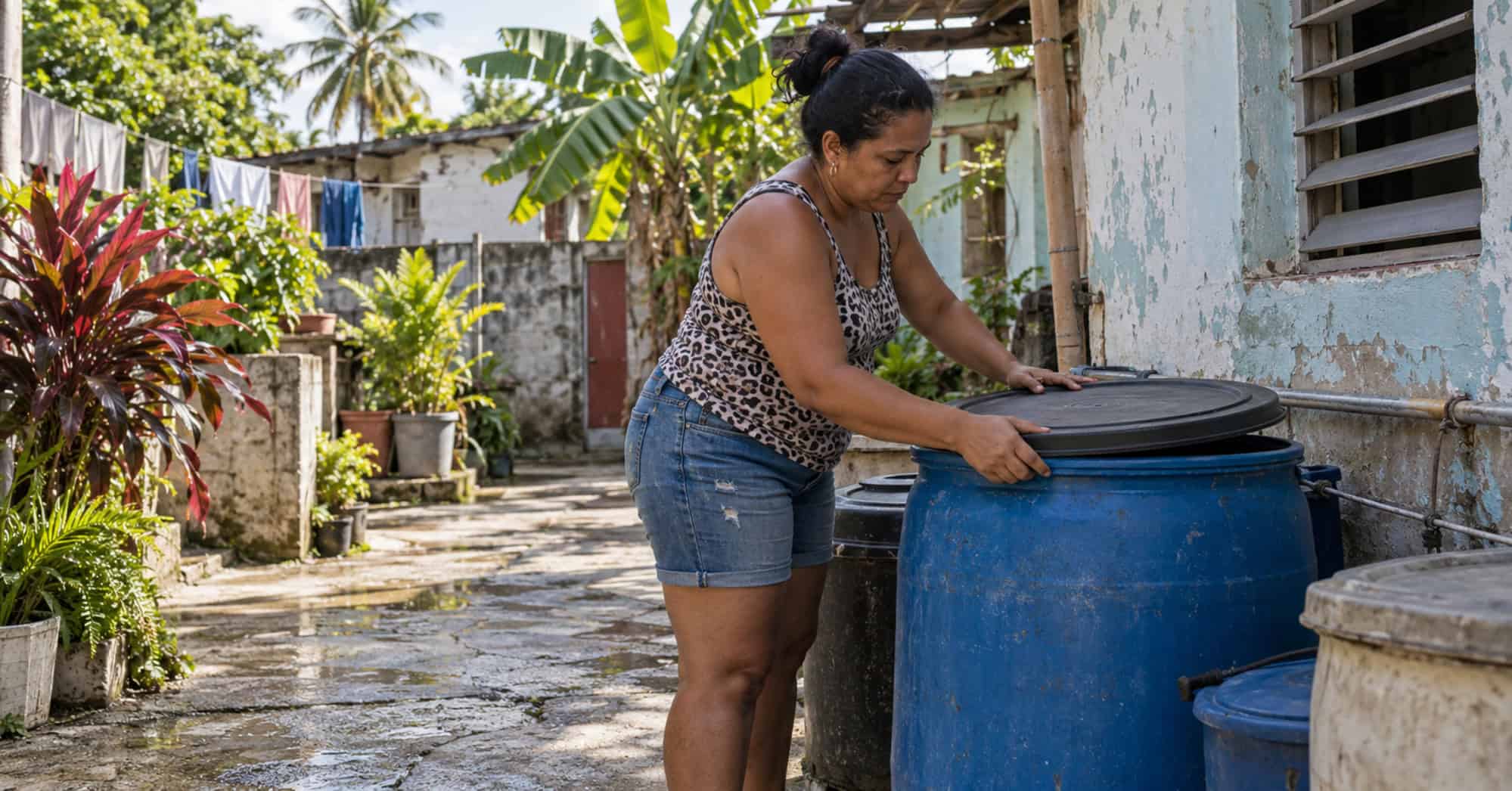 Mujer tapa un tanque de almacenamiento de agua en un patio cubano para prevenir criaderos de mosquitos.