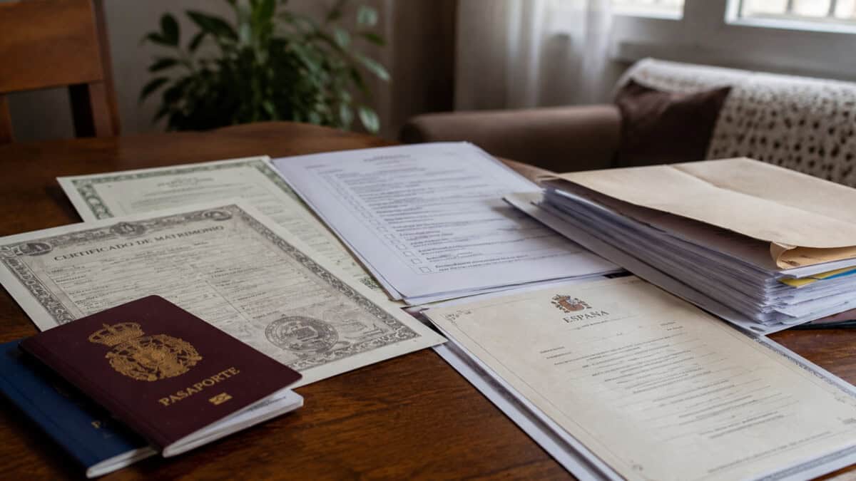 Documentos y pasaportes preparados para realizar la inscripción de un matrimonio ante autoridades españolas